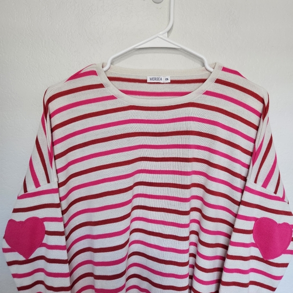 Mersea Amour Sweater Heart Elbow Patch Stripped Pink Pullover Women One Size - Picture 2 of 4
